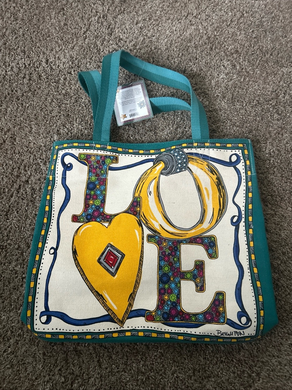 New Brighton Teal Canvas LOVE Heart Tote with Yellow Accent